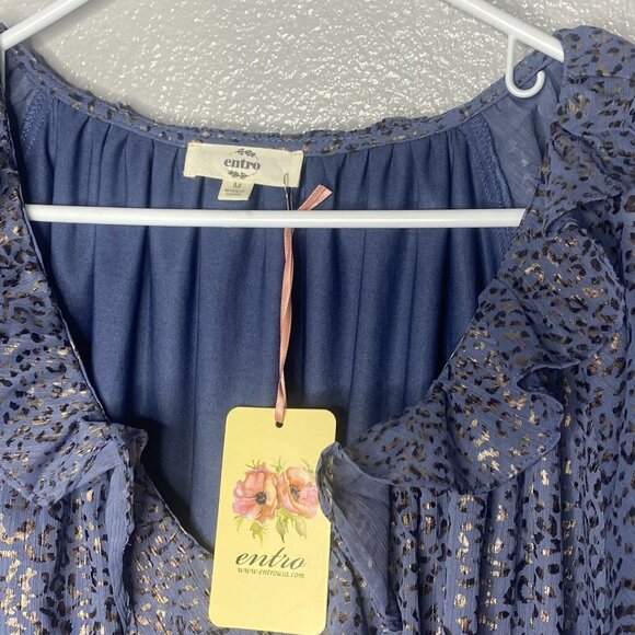 Entro Top Ladies Blue w/ Metallic Gold Leopard 3/4 Sleeves Ruffled V Neck - Picture 9 of 13